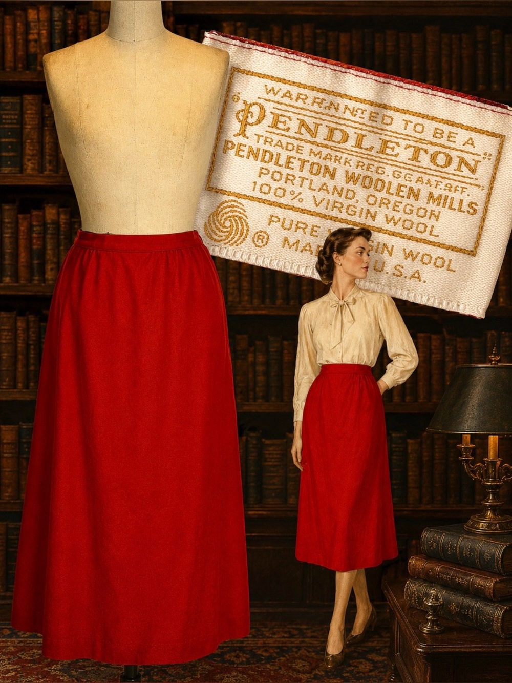 VINTAGE Pendleton‎ wool skirt straight pencil midi classic lipstick red 80s XL